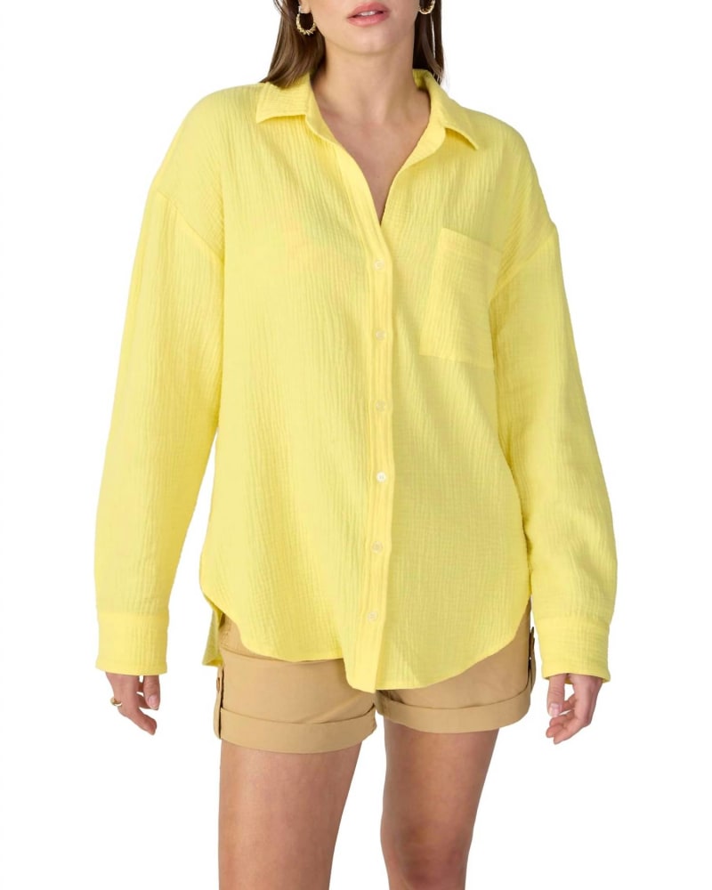 Front of a model wearing a size L Slit Back Long Sleeve Tunic in Lemoncello in Lemoncello by Sanctuary. | dia_product_style_image_id:327047